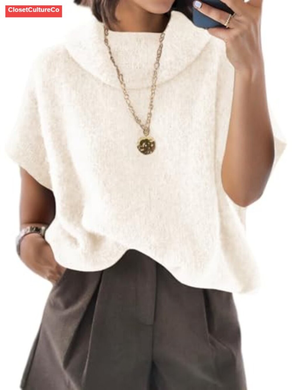 Oversized Turtleneck Sweater Short Sleeve Batwing Pullover